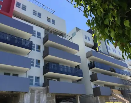 A picture of the metal balconies at the Harlow commercial and residential complex.
