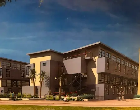 A picture of the Olympics Studio Lofts apartment complex.